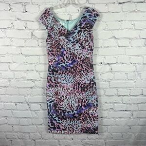 London Times Purple Blue Sheath Dress V-neck Flutter Cap Sleeves Size 8 (E26)